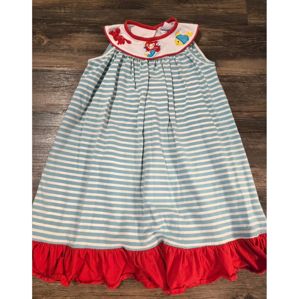 Stitchy Fish Girls Blue White Striped Mermaid Embroidered Ruffle Dress Size 7